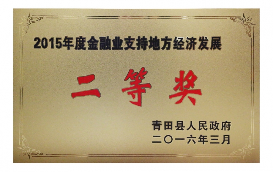 2015年度金融業支持地方經濟發展二等獎